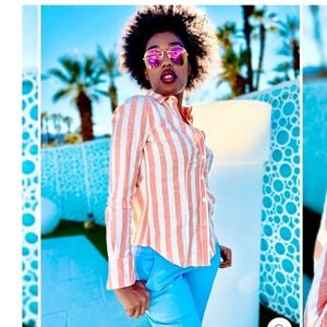 Seaplane Peaches and Cream Striped 100% Linen Button Down Shirt Large USA